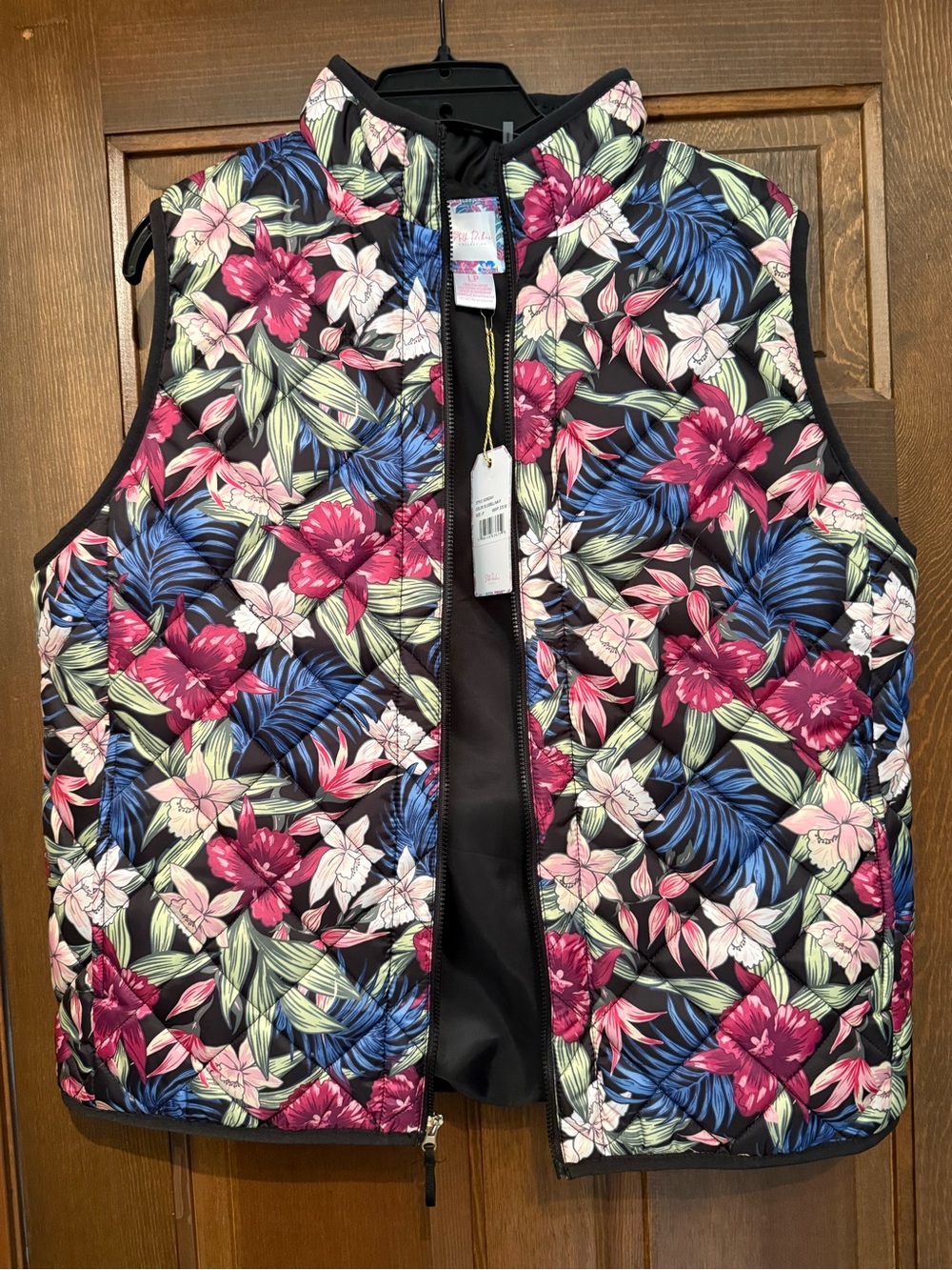 Stella Parker Floral Quilted Vest - Black with Pink & Blue Floral